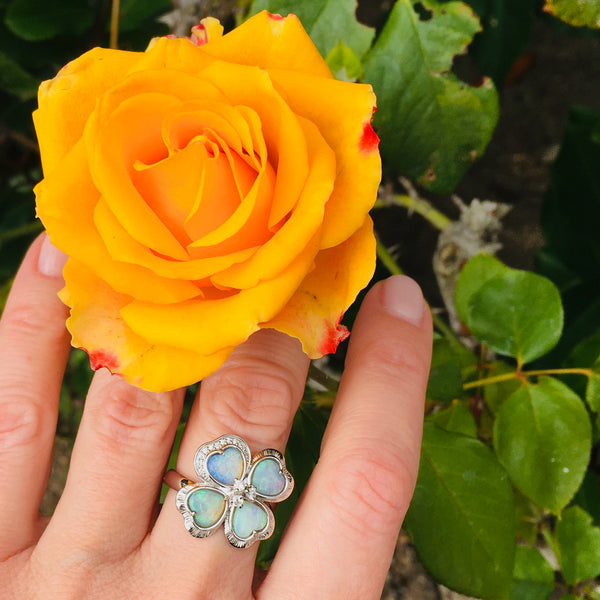 White Gold & Australian Opal Flower Ring