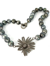 Load image into Gallery viewer, Large Pave Diamond Flower and Tahitian Pearl Collar Necklace
