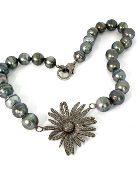 Large Pave Diamond Flower and Tahitian Pearl Collar Necklace
