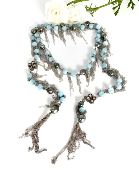Aquamarine and Tahitian Pearl Fringe Necklace with Pave Diamond Beads