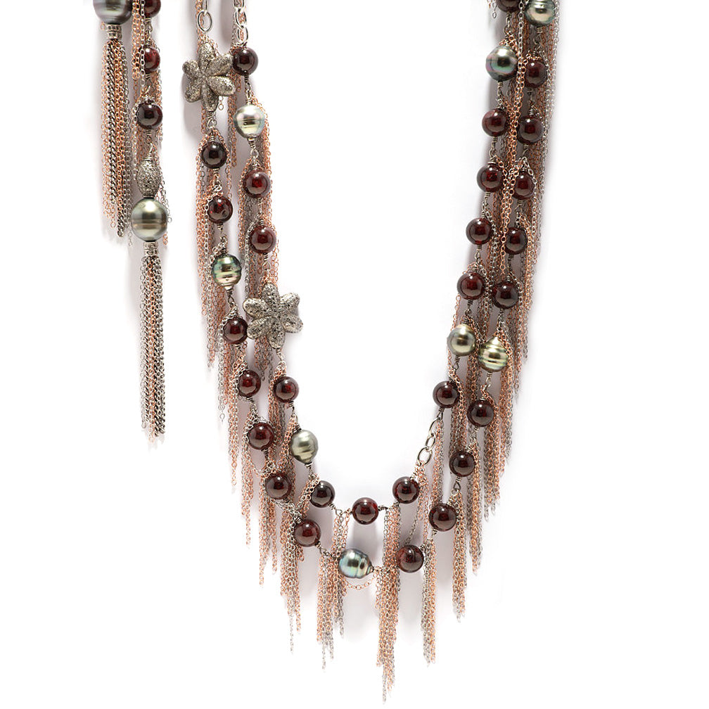 Tahitian Pearl and Garnet Bead Fringe Necklace with Pave Diamond Flowers