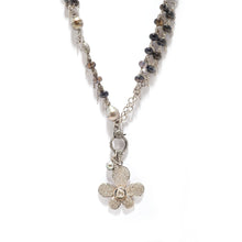 Load image into Gallery viewer, Tahitian Pearl and Iolite Chain Necklace with a Pave Diamond Flower Pendant
