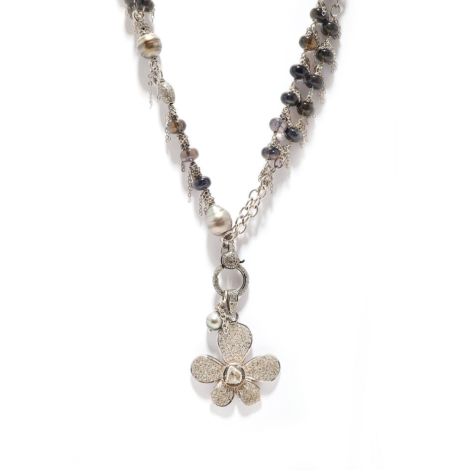 Tahitian Pearl and Iolite Chain Necklace with a Pave Diamond Flower Pendant