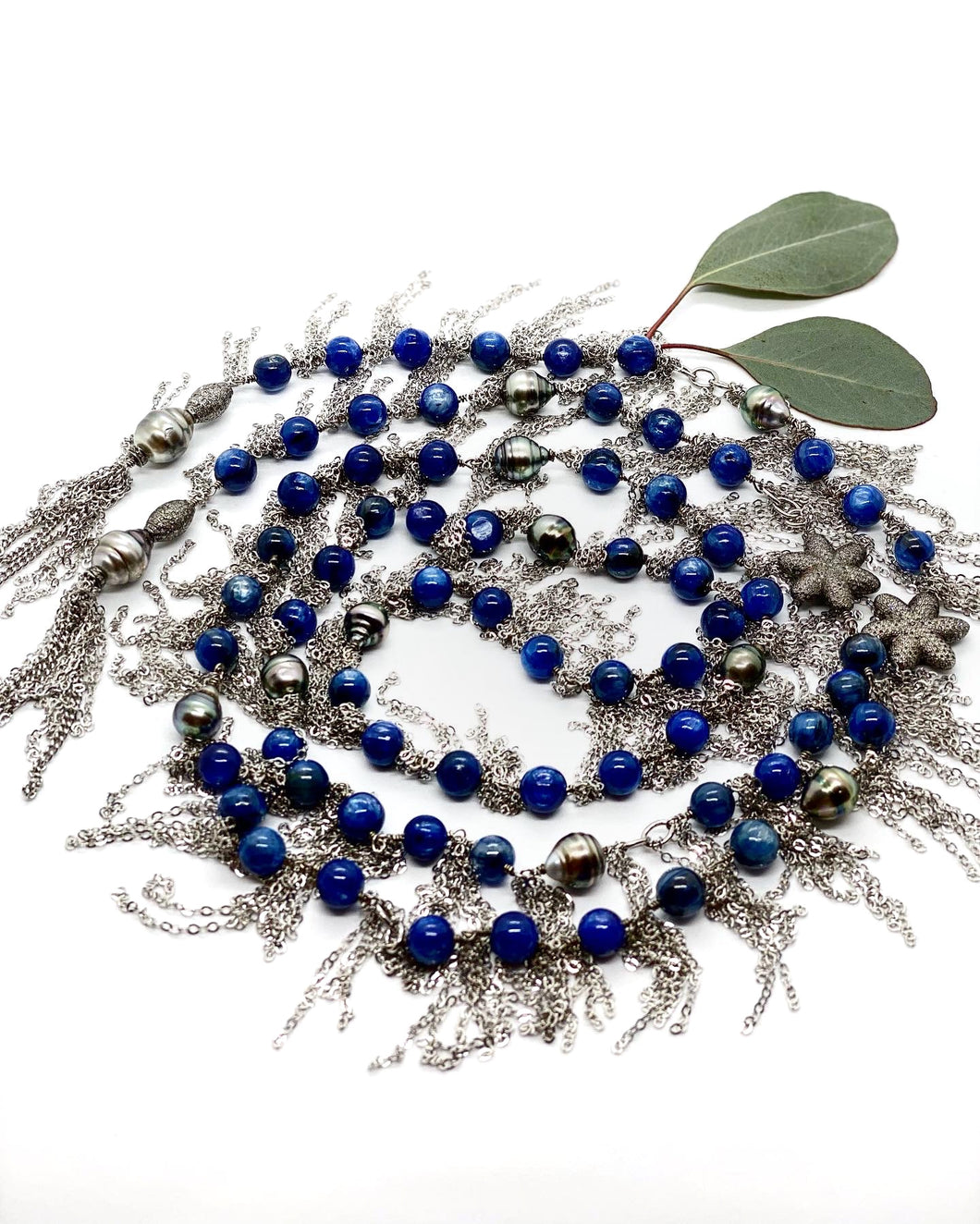 Kyanite & Pave Diamond Bead Sterling Silver Chain Long Necklace