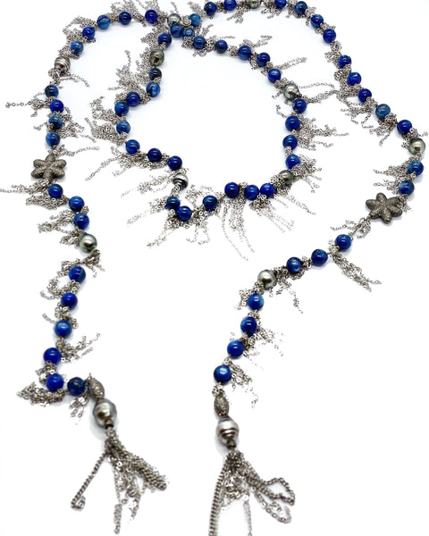 Kyanite & Pave Diamond Bead Sterling Silver Chain Long Necklace