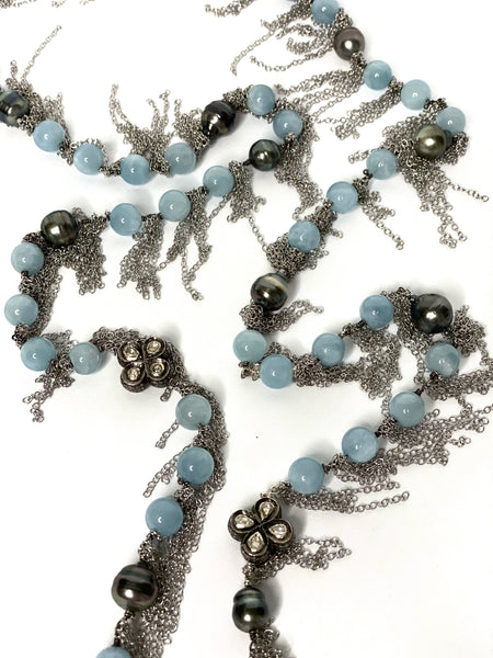 Aquamarine and Tahitian Pearl Fringe Necklace with Pave Diamond Beads