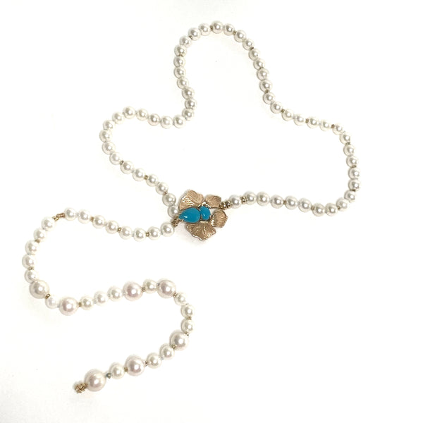 Akoya Pearl Necklace with Turquoise Flower Clasp