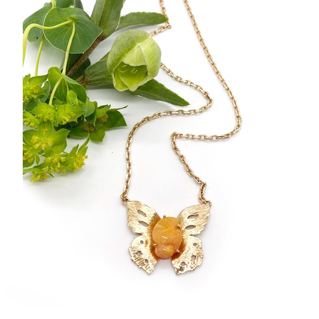 Fire Mexican opal Butterfly on handmade chain necklace