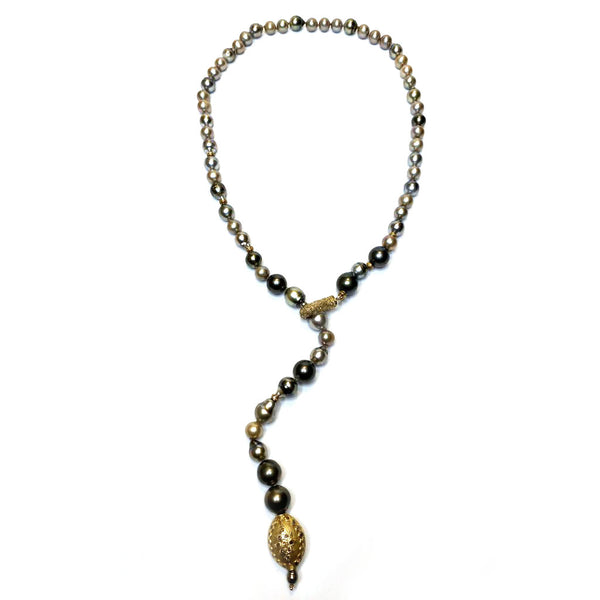 Tahitian Pearl Lariat Necklace Accented with Pave Diamonds